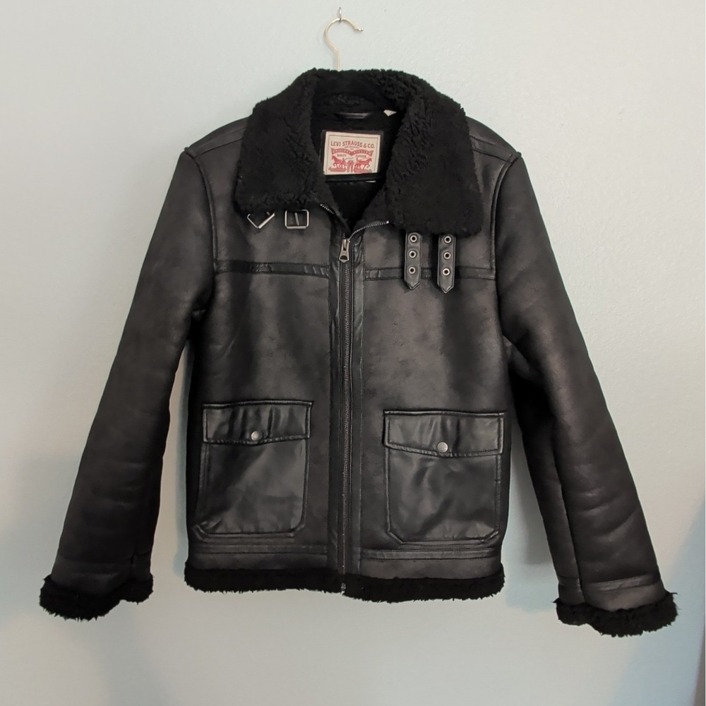 Levi's Men M Faux Shearling Aviator Flight Bomber Jacket Black Distressed Sherpa